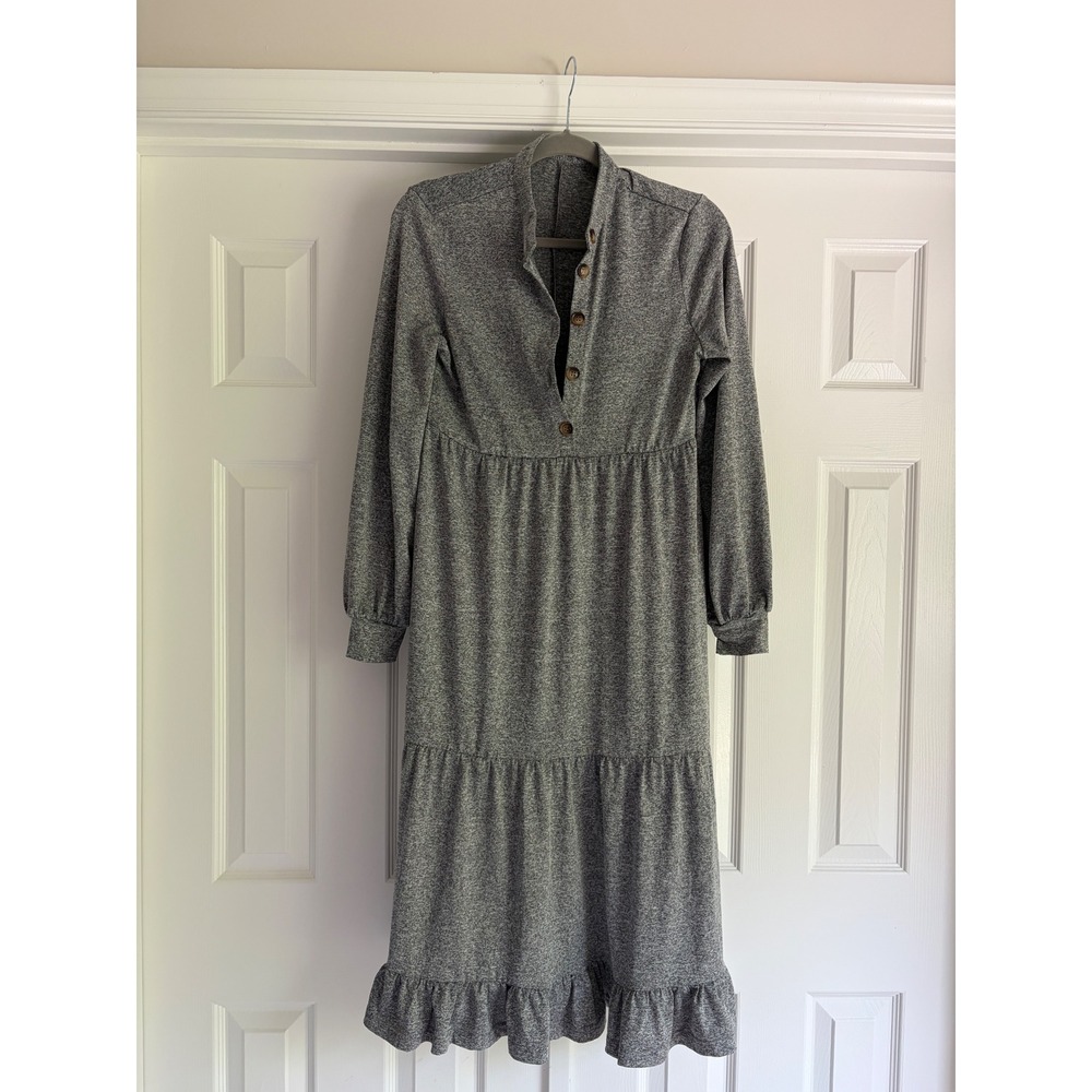 Grey Heathered Long Sleeve Tiered Midi Dress Button Front Ruffle Hem